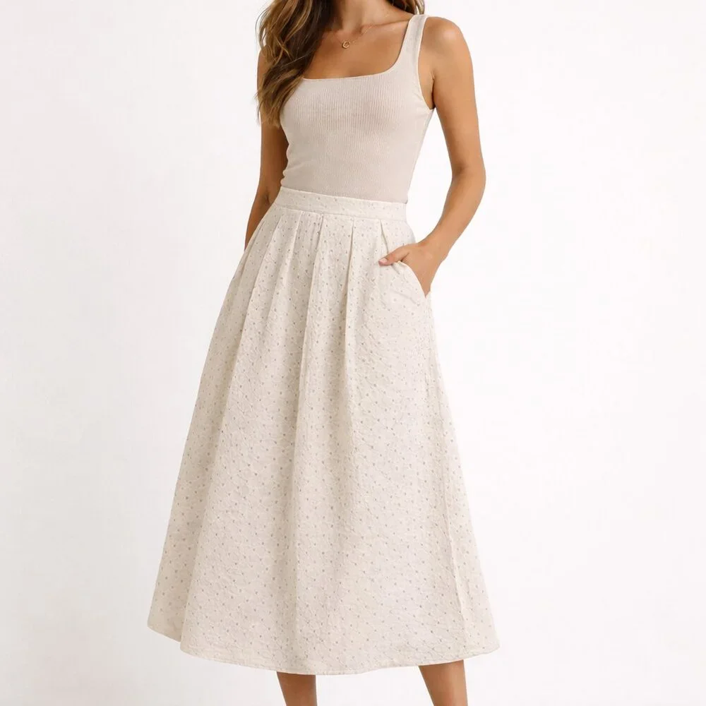 Banana Republic 100% Cotton Eyelet Summer Midi Skirt Cream A-Line NWT Size 8 - Picture 1 of 6